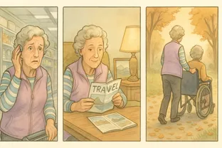 Three-panel illustration showing an elderly woman’s experiences: first, she looks worried while holding her ear in a store; second, she reads a travel magazine at home with a gentle smile; third, she walks beside another older person in a wheelchair along a tree-lined autumn path.