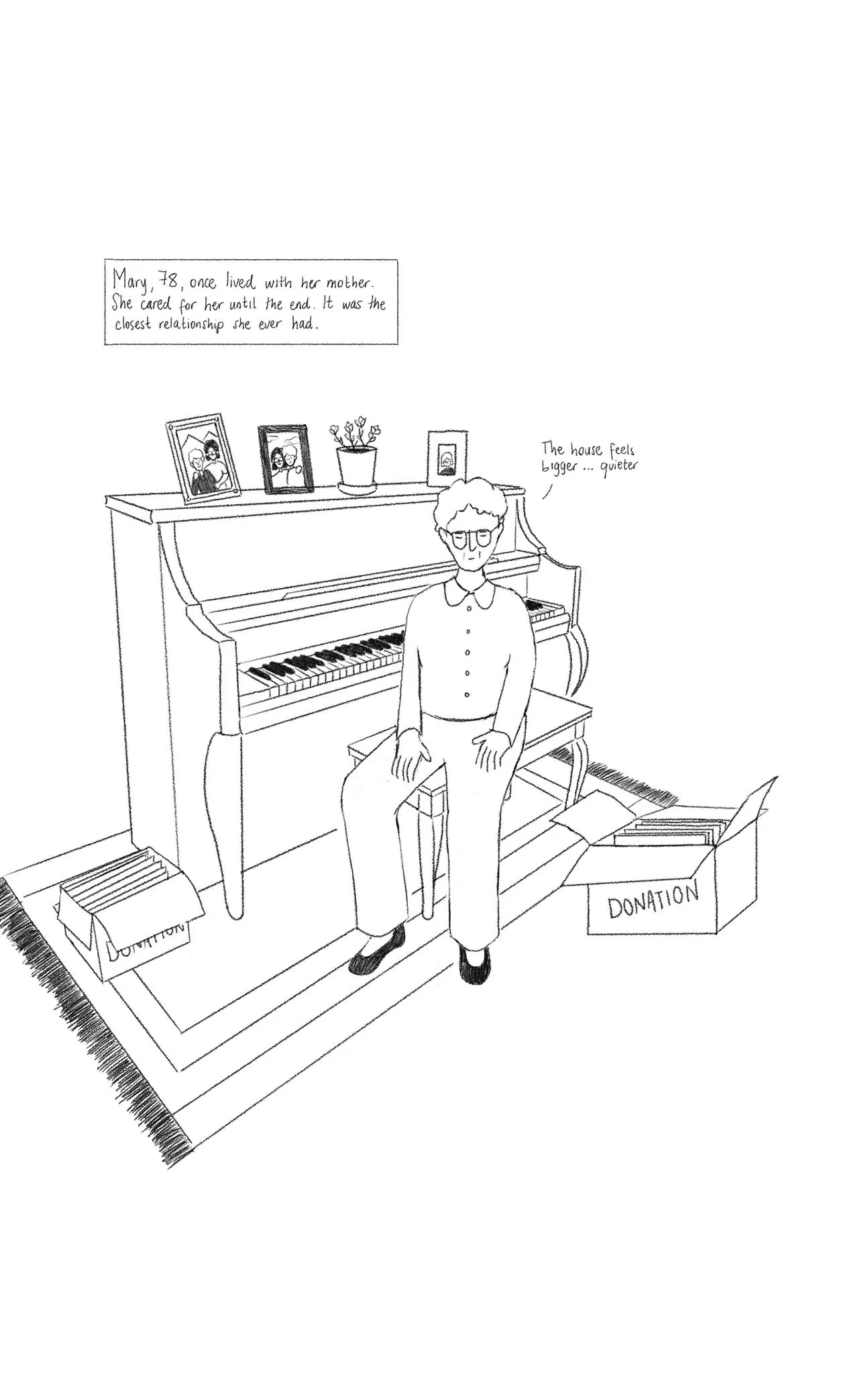 Three-panel illustration showing an elderly woman's experiences: first, she looks worried while holding her ear in a store; second, she reads a travel magazine at home with a gentle smile; third, she walks beside another older person in a wheelchair along a tree-lined autumn path.