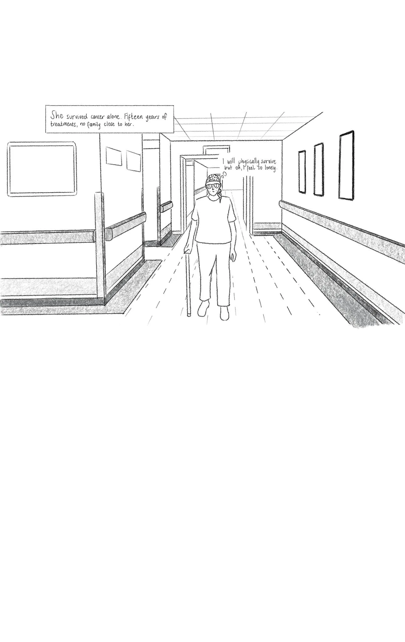 Illustration of an elderly woman with closed eyes, reflecting on memories. Thought bubbles show a person receiving chemotherapy and two people talking on a park bench. The scene has warm tones and a cityscape background.